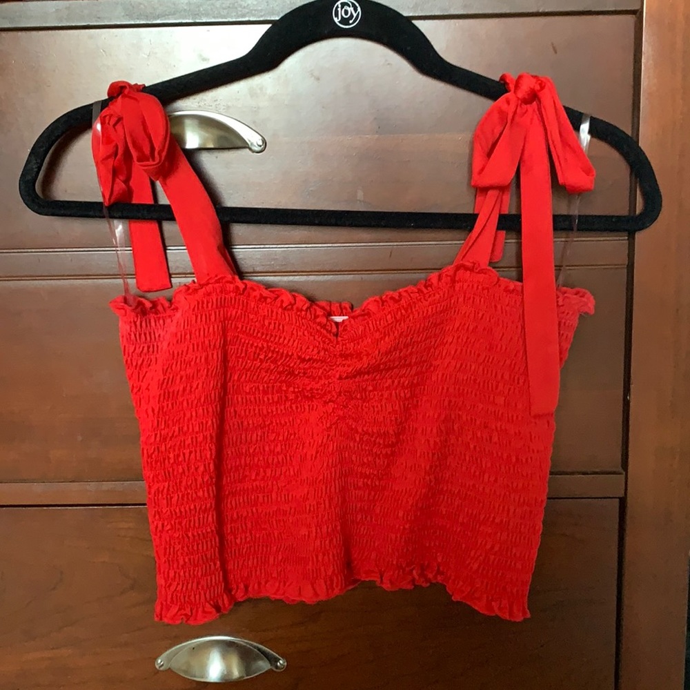 Red Smocked Tie Strap Tube Top
